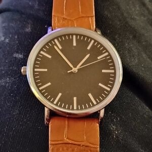 Elegant Black Dial Watch with Brown Leather Strap